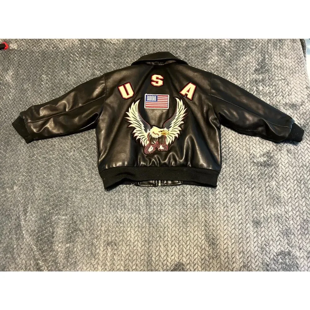 Innocense Simulated Leather Biker Jacket Toddler 7T Black USA Flag Eagle Graphic